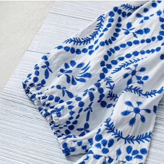 Women's Vintage-print Loose-fit V-neck Short-sleeve Blouse